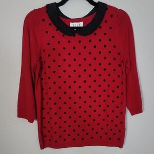 ELLE Womens Knit Polka Dot Sweater Size M Peter Pan Collar Red Black Preppy
